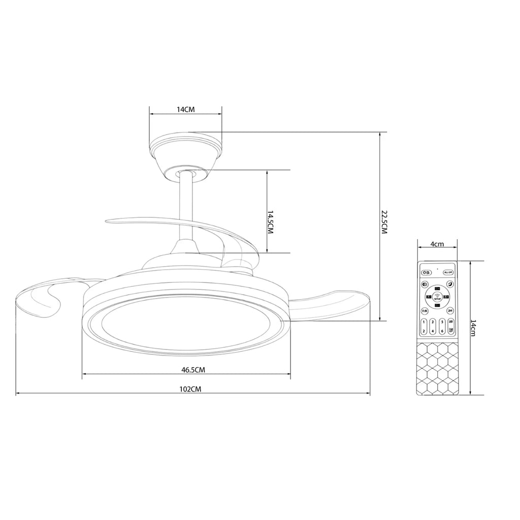 ALLINLIFE: Ventilador de techo con luz LED de 72 W: motor DC silencioso, aspas retráctiles, 6 velocidades, luz cálida/fría (3000 K-4000 K-6000 K), Ø 102 cm, mando a distancia.