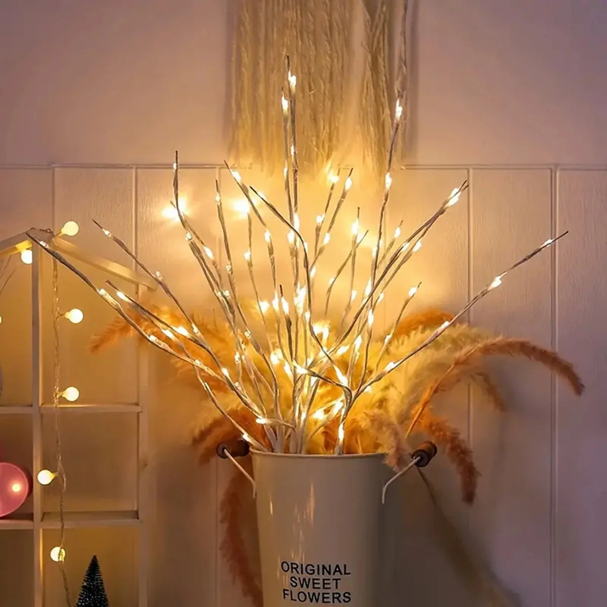 1 unidad de guirnalda de luces con ramas de abedul blanco, que funciona con pilas, con 20 luces LED tipo «fairy lights» y ramas de sauce, para la decoración del hogar, el dormitorio, interiores y exteriores