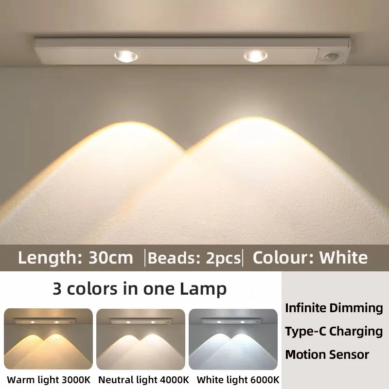 Luz LED para armarios, blanca/negra, recargable por USB, con sensor de movimiento, para la iluminación de armarios de cocina y roperos, 20 cm/30 cm/40 cm/50 cm