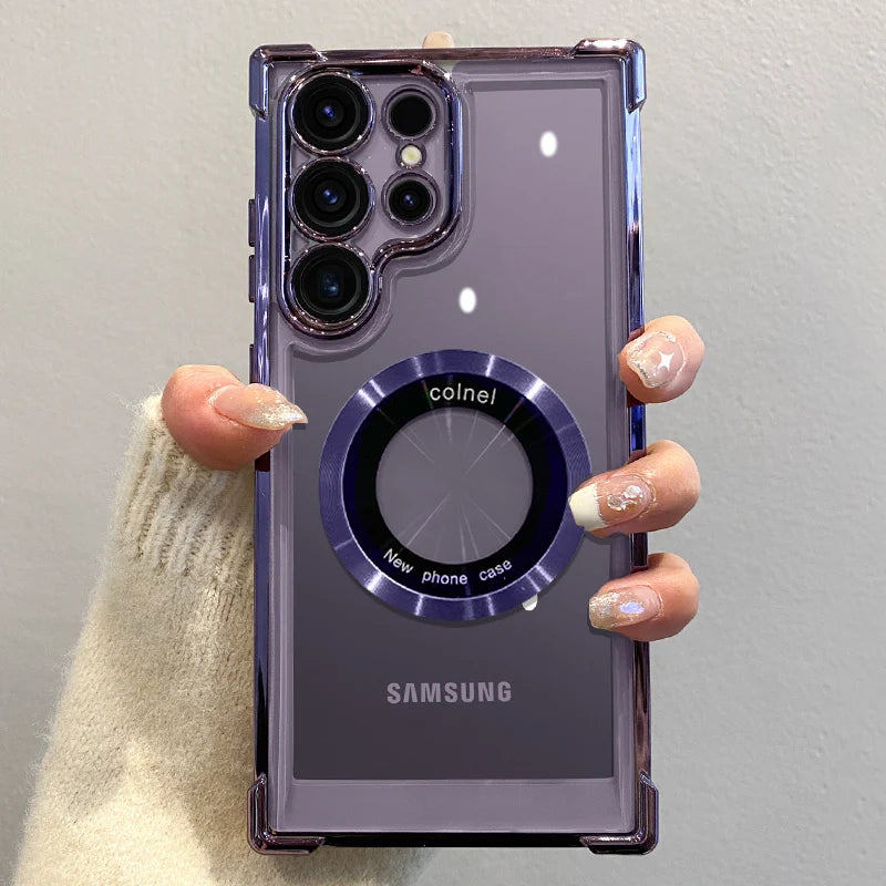 Funda de carga inalámbrica magnética con acabado de lujo para Samsung S26, S25, S24 Ultra, S23 FE, S22 Plus y Note 20. Funda protectora transparente para la cámara.