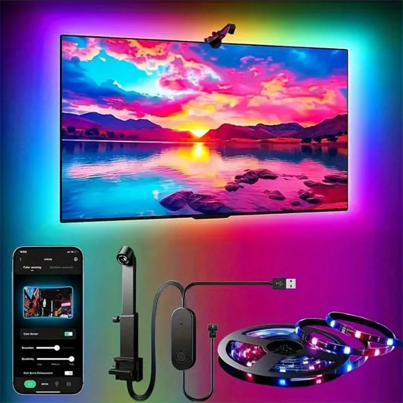 Tira de retroiluminación RGBIC para televisor LED con control mediante aplicación para cámara, sincronización con música y luces inteligentes para sala de videojuegos; iluminación ambiental para televisores de 55 a 75 pulgadas