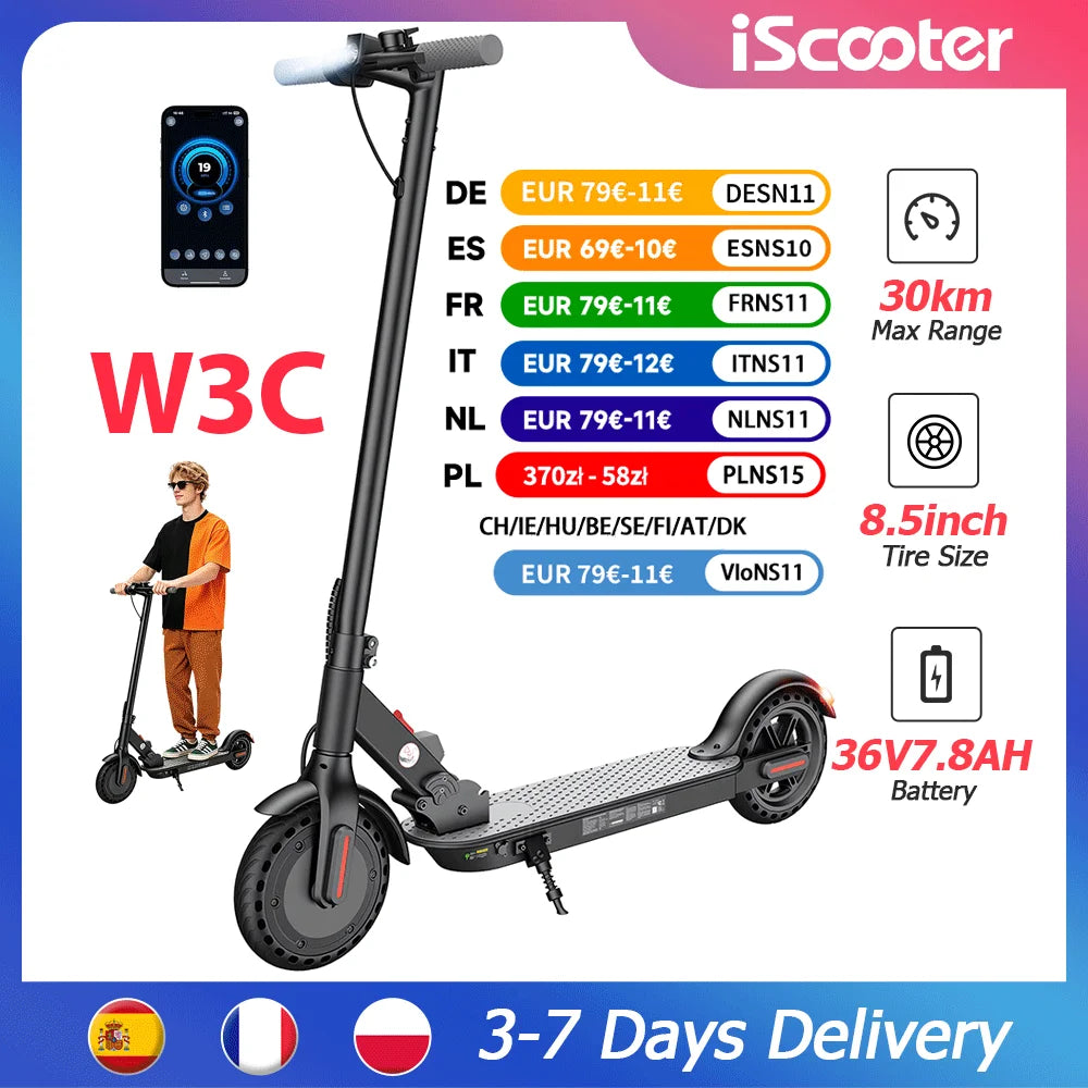 iScooter W3C de 8,5 pulgadas, con batería de 36 V y una autonomía de 22–30 km, tracción trasera, neumáticos de aire y freno eléctrico trasero integrado en el buje.