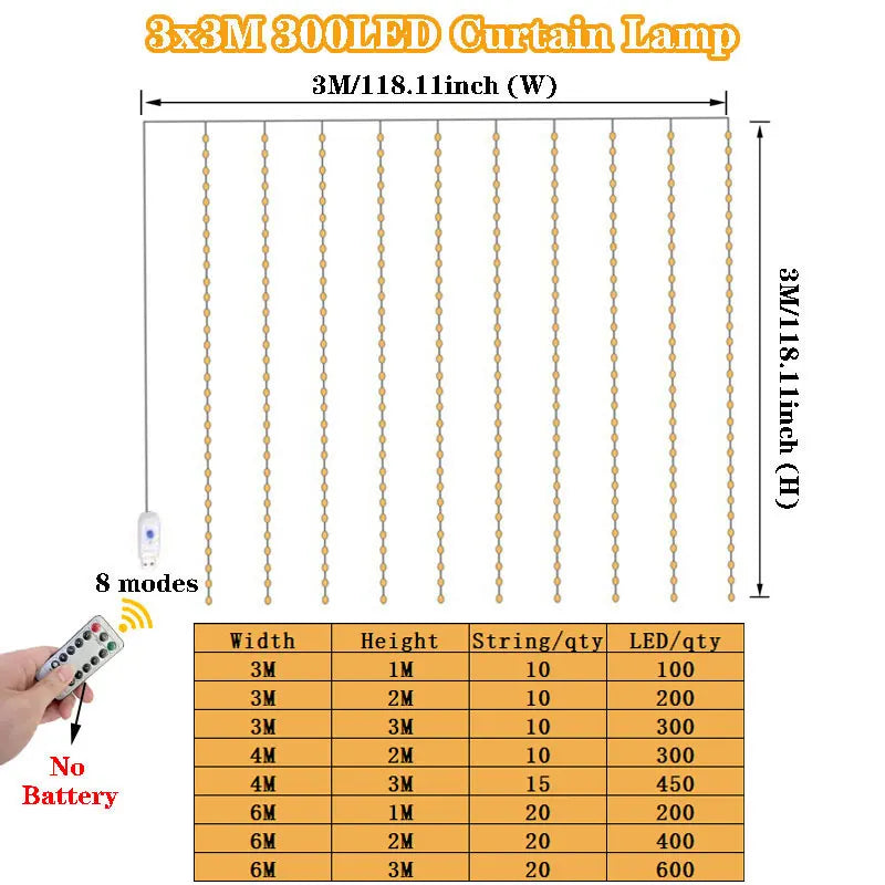 Guirnalda de luces LED tipo cortina de 3/4/6 m, con conexión USB, control remoto, guirnalda de luces de hadas, decoración navideña para el dormitorio y el hogar
