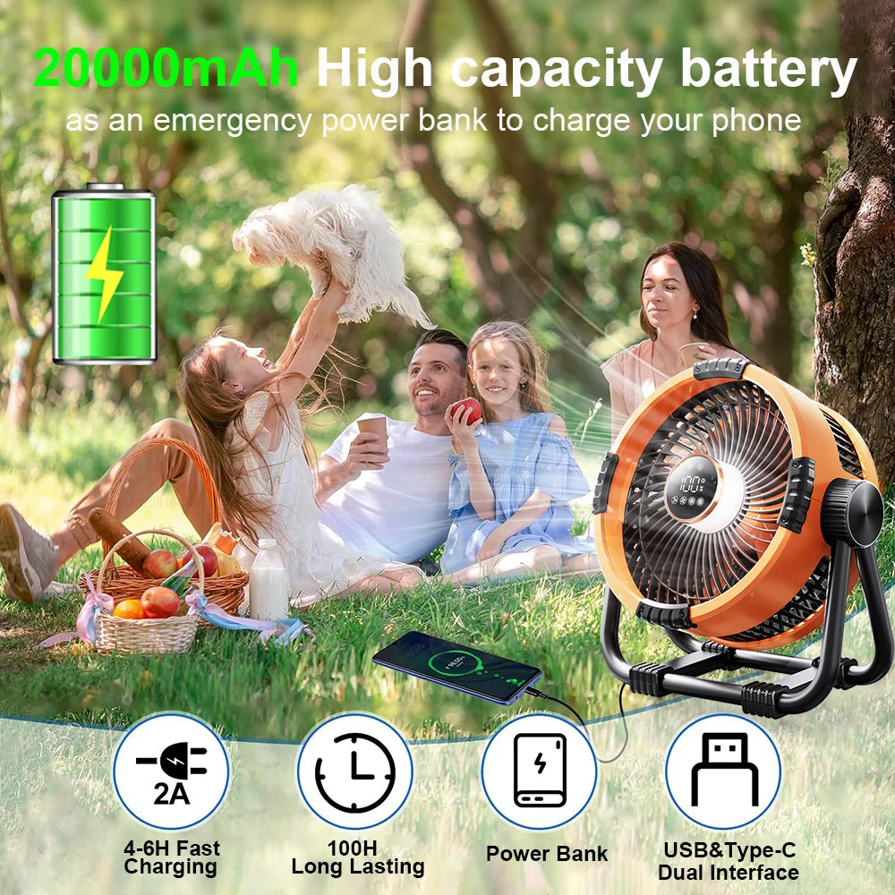 Raugee: Ventilador de techo para acampada, ventilador USB recargable de 20 000 mAh con batería externa y luz LED, con gancho.