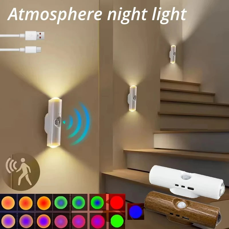Aplique inteligente RGB de doble cabezal con sensor de movimiento, luz nocturna magnética y foco recargable para la decoración del dormitorio, el armario, el jardín y otras estancias