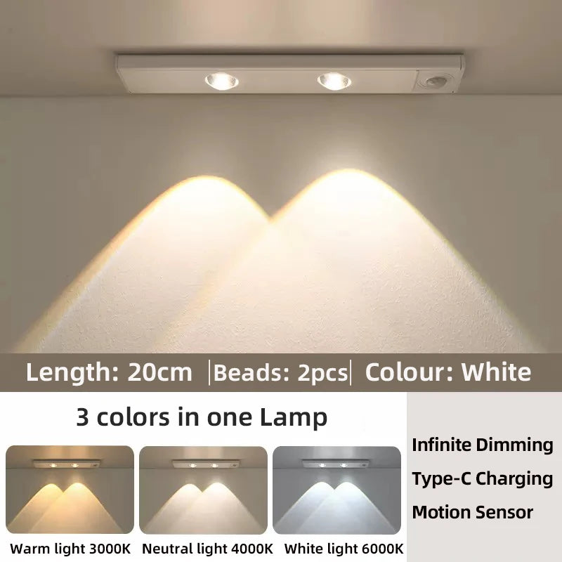Luz LED para armarios, blanca/negra, recargable por USB, con sensor de movimiento, para la iluminación de armarios de cocina y roperos, 20 cm/30 cm/40 cm/50 cm