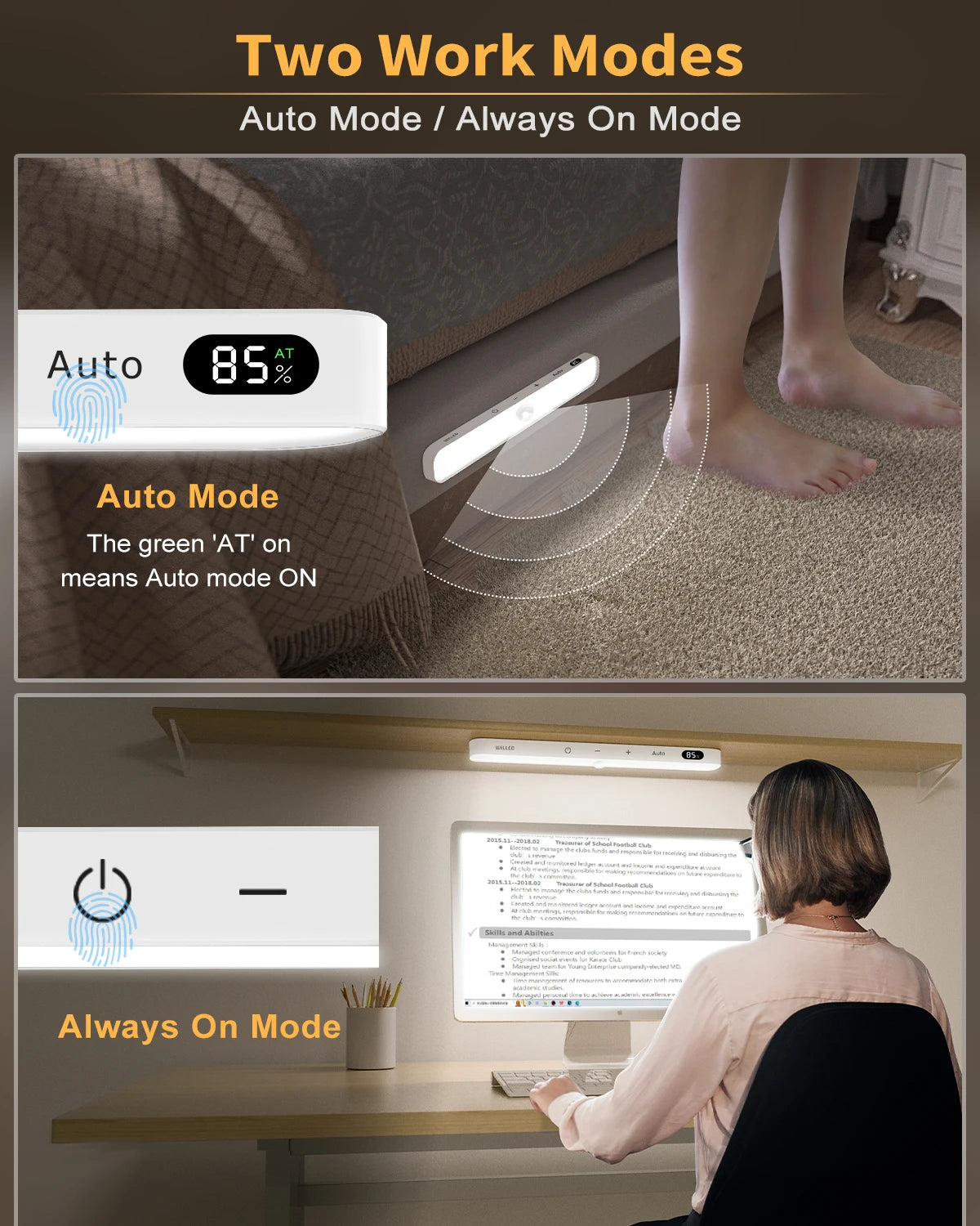 WILLED  Luz para armario con sensor de movimiento, pantalla de batería, barra luminosa táctil de 60 LED, luz nocturna inalámbrica recargable