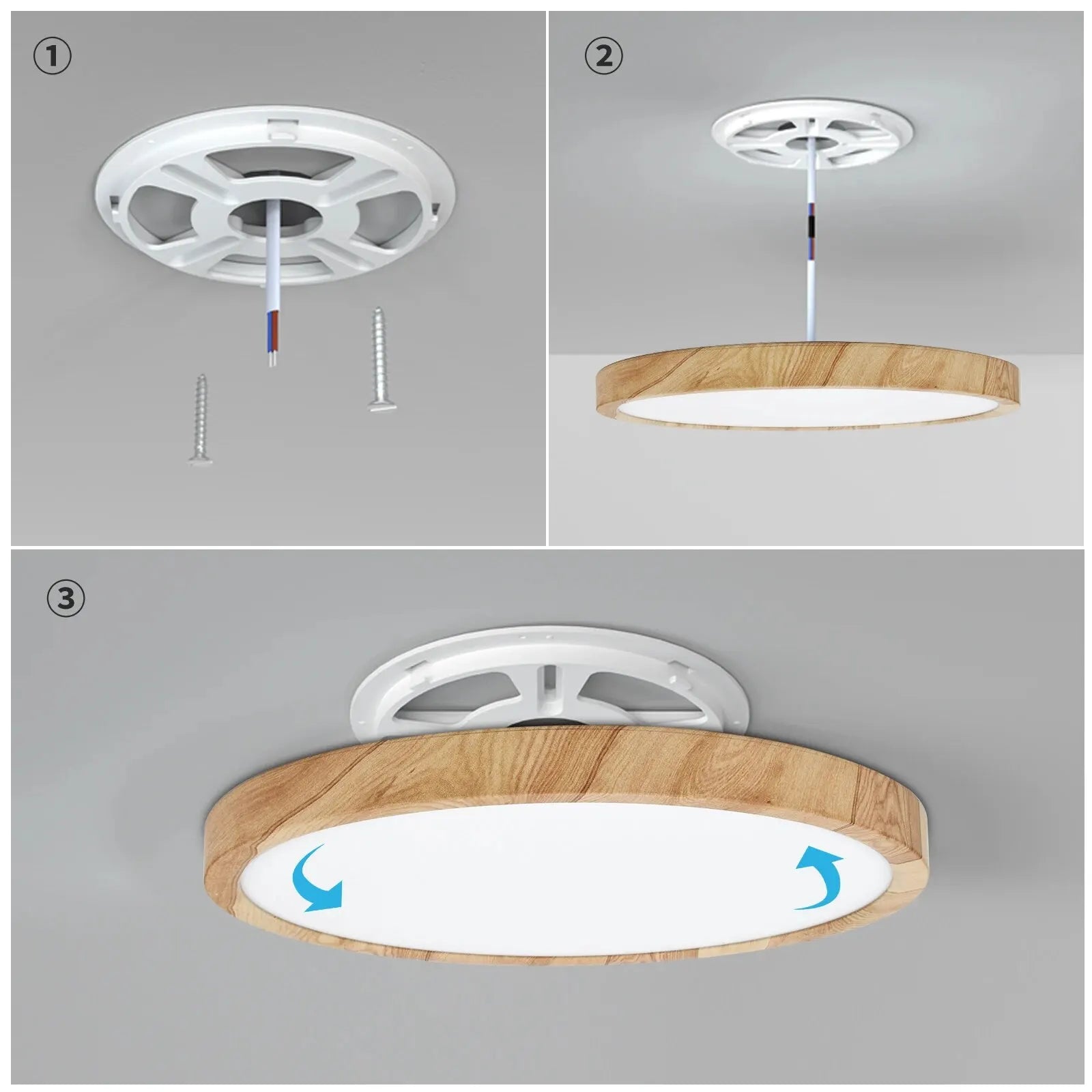 Lámpara de techo LED LVL con acabado de madera y blanco, 3 colores de iluminación en 1. Iluminación para el hogar: cocina, dormitorio y baño. Lámpara de techo redonda empotrada.