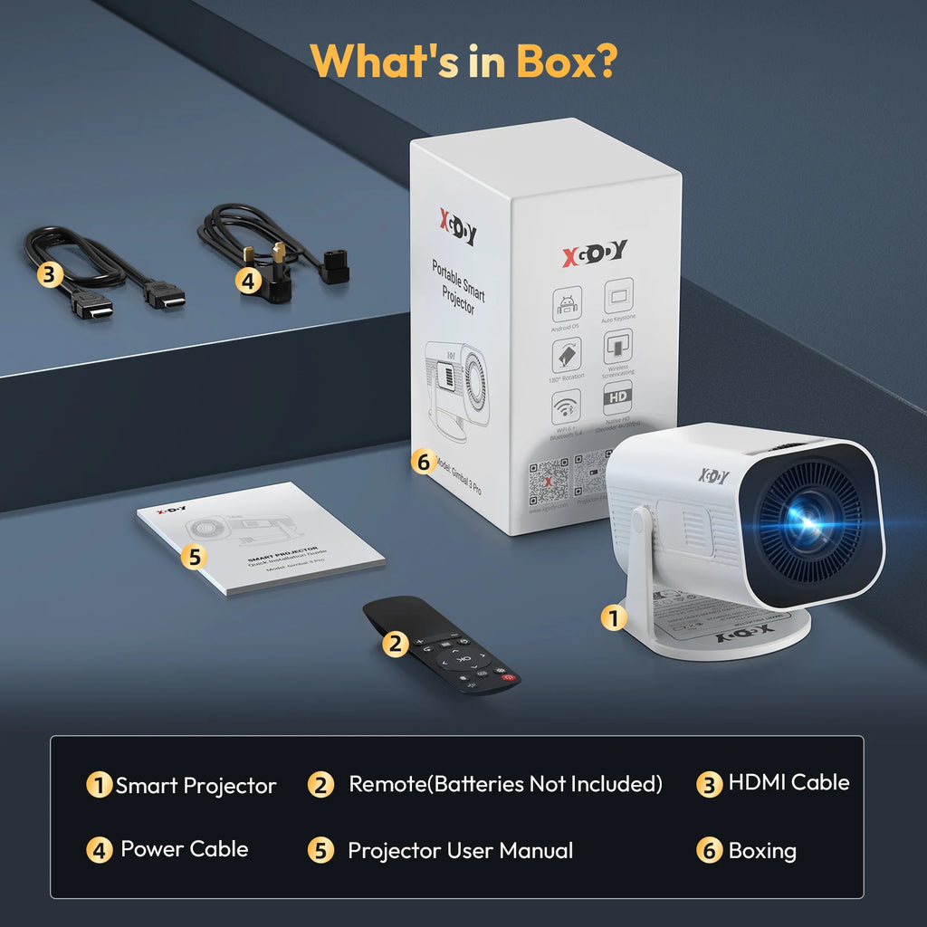 Xgody Gimbal 3 Pro 4K:  con Wi-Fi 6 y Android, miniproyector portátil para cine en casa y uso al aire libre, 300 ANSI, doble conexión Wi-Fi, Bluetooth 5.4, resolución 1280 × 720p