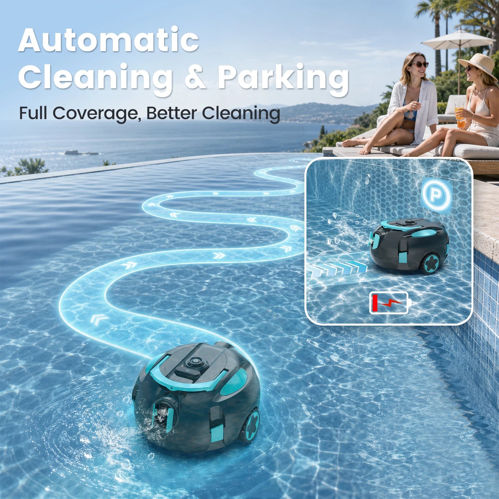 H1 Robot Aspirador de Piscina Inalámbrico Recargable Aspiradora Automática de Piscina 120 Min de Autonomía Auto-Estacionamiento Filtro de 180μm para Limpieza de Suelo de Piscina