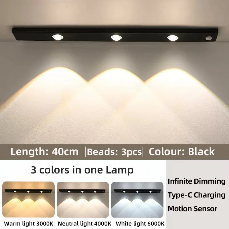 Luz LED para armarios, blanca/negra, recargable por USB, con sensor de movimiento, para la iluminación de armarios de cocina y roperos, 20 cm/30 cm/40 cm/50 cm