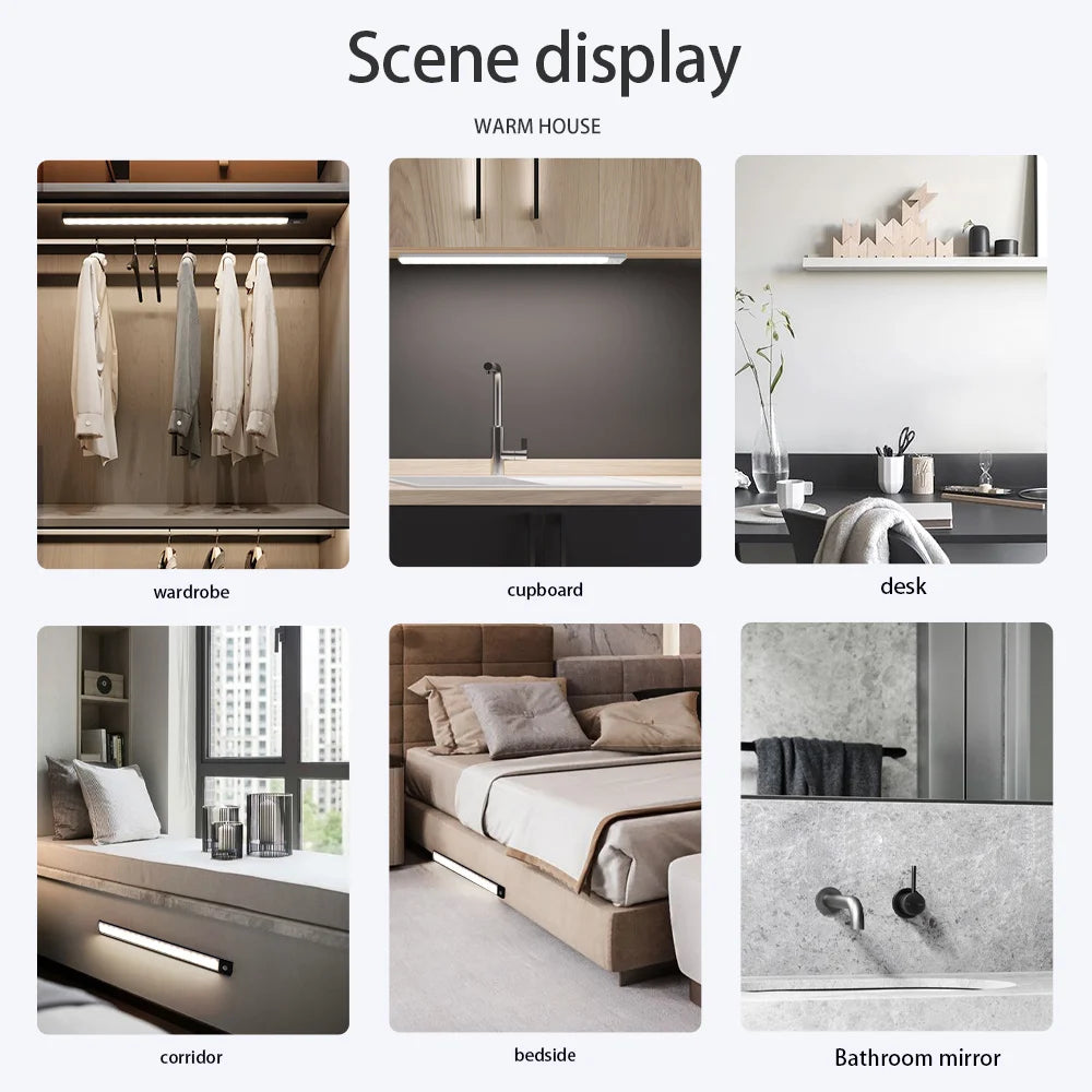 Luz con sensor de movimiento, luz nocturna LED inalámbrica, lámpara nocturna recargable por USB, lámpara para armarios y vestidores, luz de fondo para cocina, LED