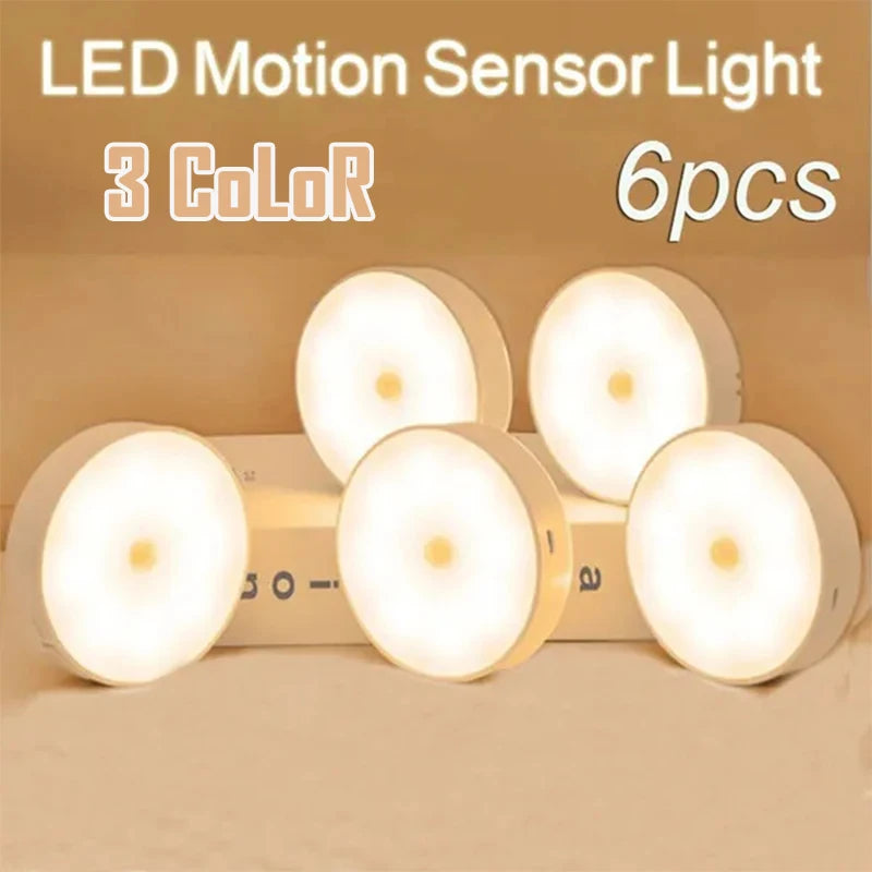 Lámpara nocturna LED con sensor de movimiento, recargable por USB, de 2 a 6 unidades. Lámpara nocturna de 3 colores para armarios, vestidores, escaleras y armarios, sin cables.