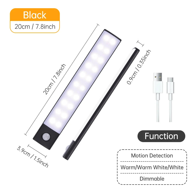 Luz con sensor de movimiento, luz nocturna LED inalámbrica, lámpara nocturna recargable por USB, lámpara para armarios y vestidores, luz de fondo para cocina, LED