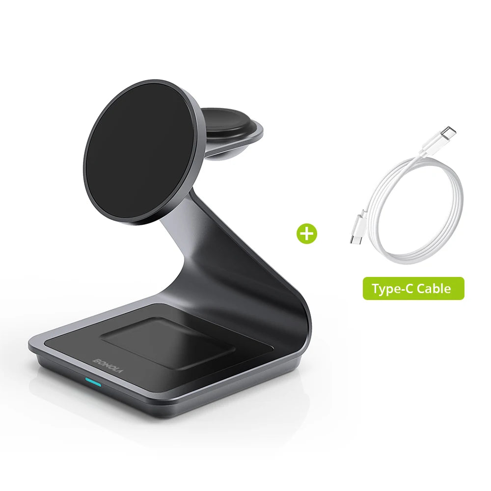 Bonola: Cargador inalámbrico magnético 3 en 1 para iPhone 17/16/15/13/14/12. Estación de carga inalámbrica de 30 W para Apple Watch y AirPods Pro