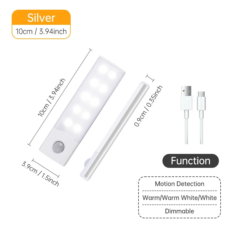 Luz con sensor de movimiento, luz nocturna LED inalámbrica, lámpara nocturna recargable por USB, lámpara para armarios y vestidores, luz de fondo para cocina, LED