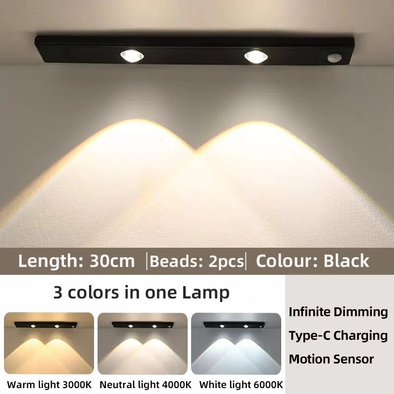 Luz LED para armarios, blanca/negra, recargable por USB, con sensor de movimiento, para la iluminación de armarios de cocina y roperos, 20 cm/30 cm/40 cm/50 cm