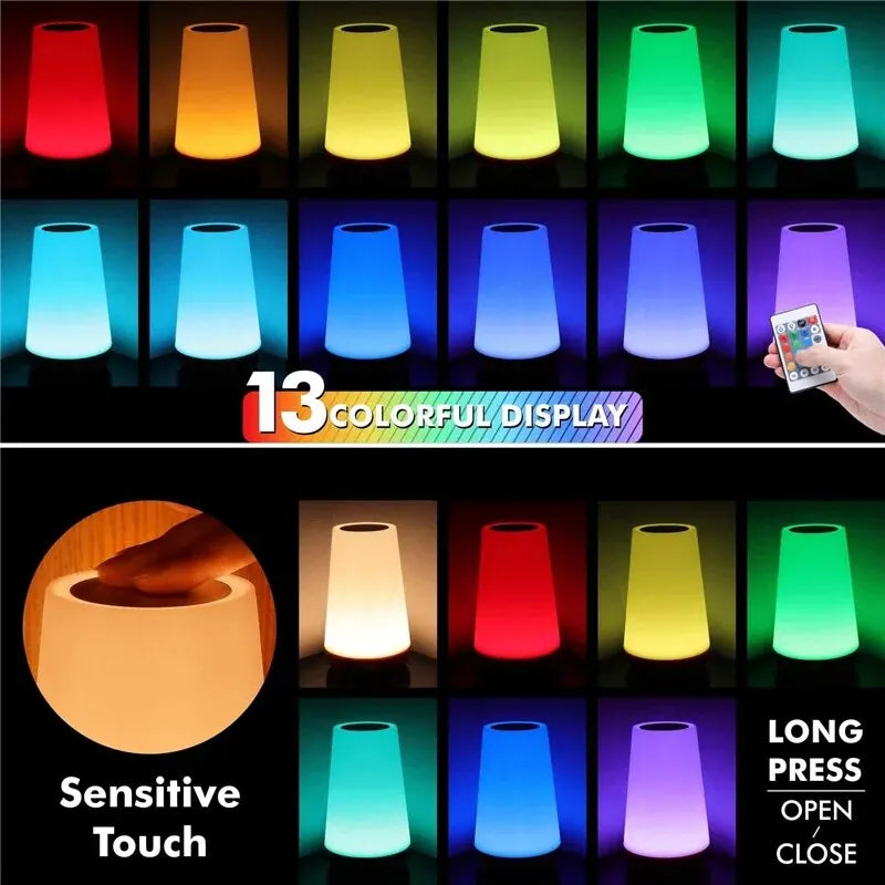 Lámpara nocturna de 13 colores que cambian, con mando a distancia, control táctil, recargable por USB, RGB, intensidad regulable, portátil, de mesa y de mesita de noche