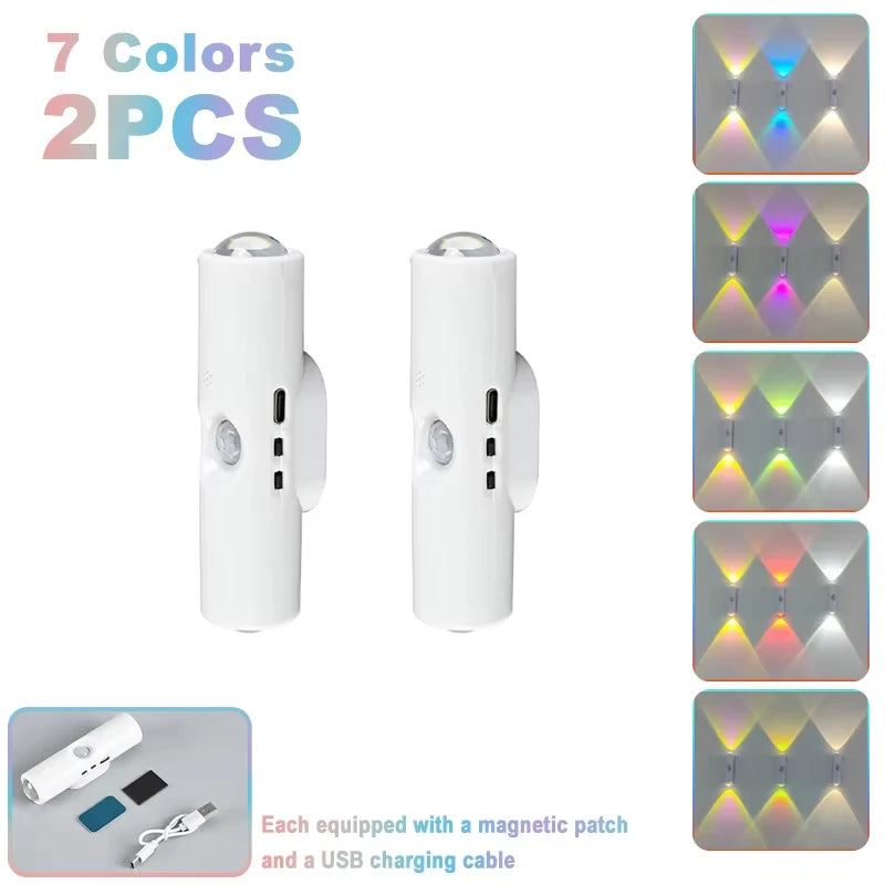 Aplique inteligente RGB de doble cabezal con sensor de movimiento, luz nocturna magnética y foco recargable para la decoración del dormitorio, el armario, el jardín y otras estancias