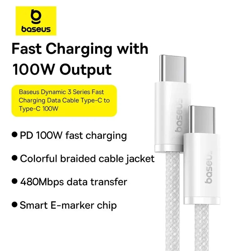 Cable Baseus de 100 W de tipo C a USB-C para iPhone 16 y 15; cable de carga rápida para MacBook, iPad, Samsung y Xiaomi; cable USB-C de alta velocidad
