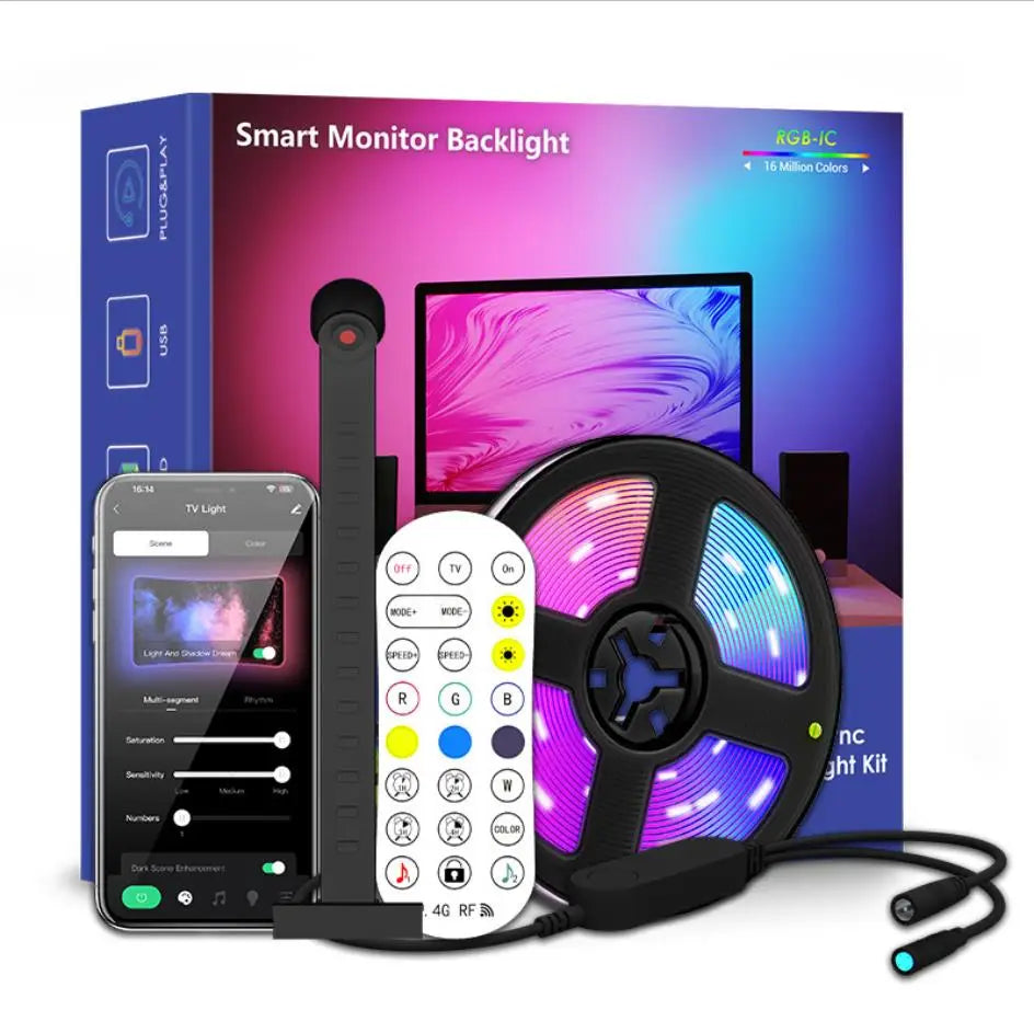 Tira de retroiluminación RGBIC para televisor LED con control mediante aplicación para cámara, sincronización con música y luces inteligentes para sala de videojuegos; iluminación ambiental para televisores de 55 a 75 pulgadas