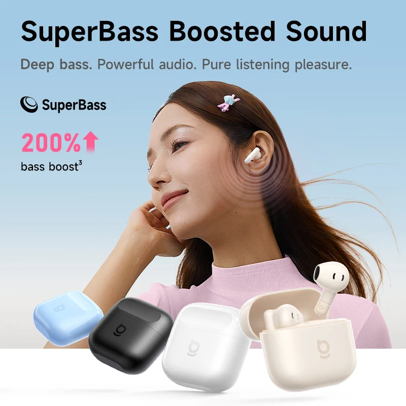 Baseus Bass BS2 Lite, Bluetooth 6.0, diseño semi-intraauricular, 2 micrófonos, cancelación de ruido activa con IA, 40 horas de autonomía, resistencia IP55, SuperBass