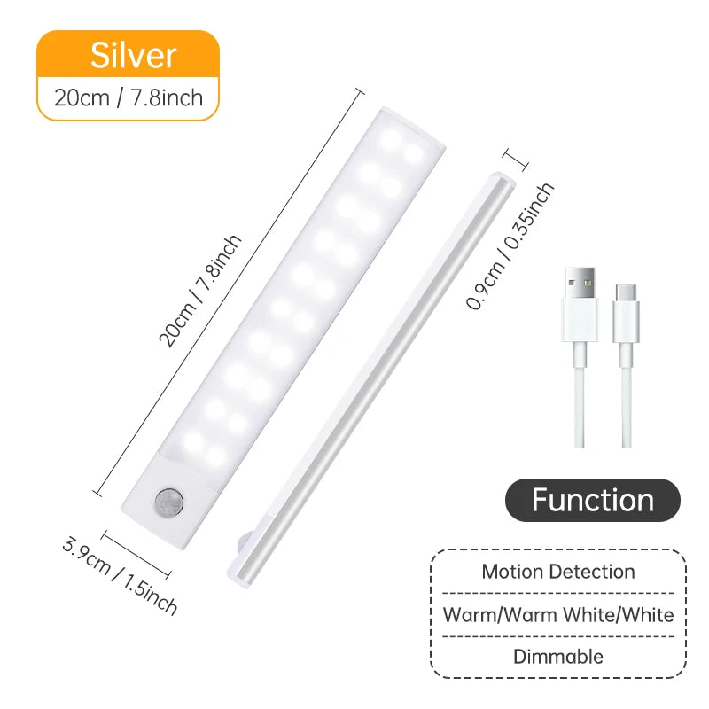 Luz con sensor de movimiento, luz nocturna LED inalámbrica, lámpara nocturna recargable por USB, lámpara para armarios y vestidores, luz de fondo para cocina, LED