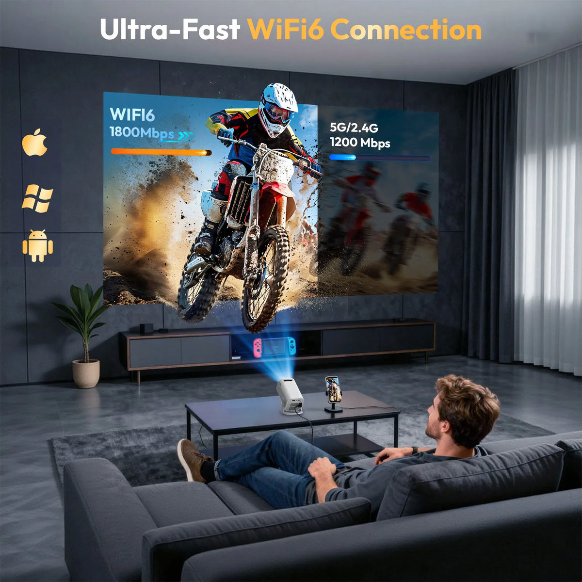Xgody Gimbal 3 Pro 4K:  con Wi-Fi 6 y Android, miniproyector portátil para cine en casa y uso al aire libre, 300 ANSI, doble conexión Wi-Fi, Bluetooth 5.4, resolución 1280 × 720p