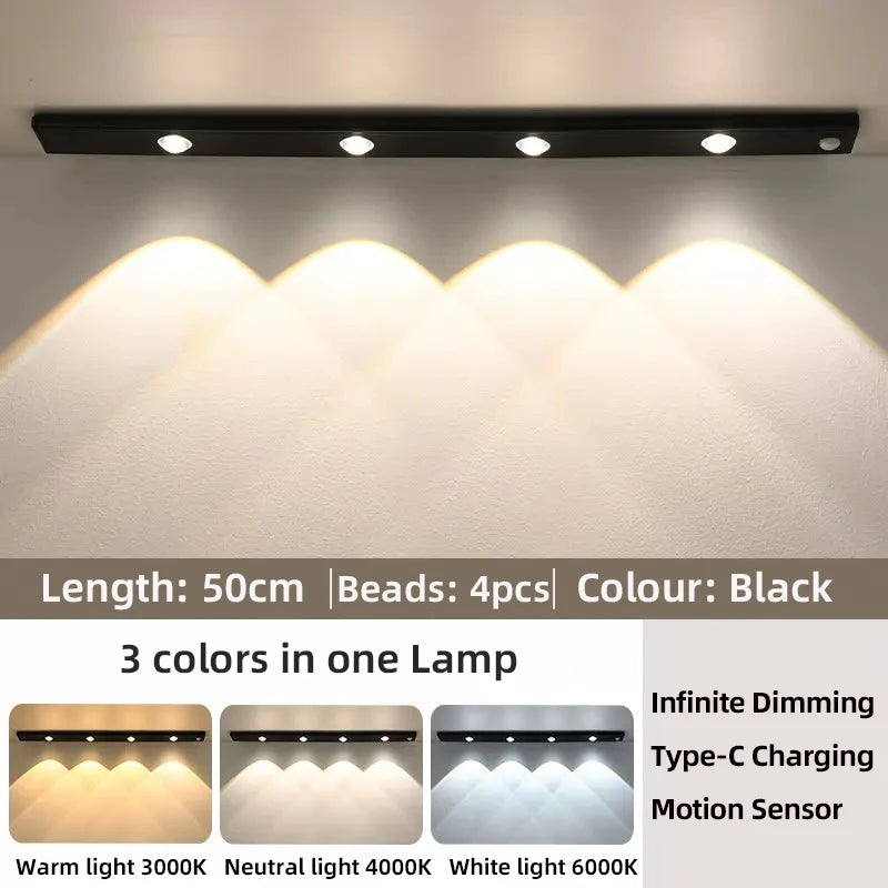 Luz LED para armarios, blanca/negra, recargable por USB, con sensor de movimiento, para la iluminación de armarios de cocina y roperos, 20 cm/30 cm/40 cm/50 cm