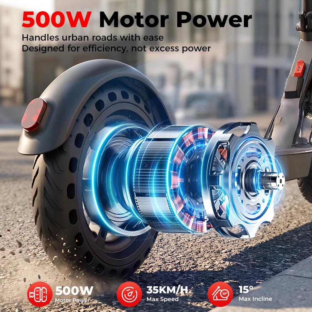 iScooter W3C de 8,5 pulgadas, con batería de 36 V y una autonomía de 22–30 km, tracción trasera, neumáticos de aire y freno eléctrico trasero integrado en el buje.