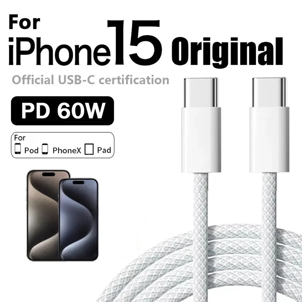 Cargador rápido original PD de 60 W con cable USB-C a Tipo C de 6 A para iPhone 15, 16 y 17 Pro Max; carga rápida para Samsung S26 y Xiaomi