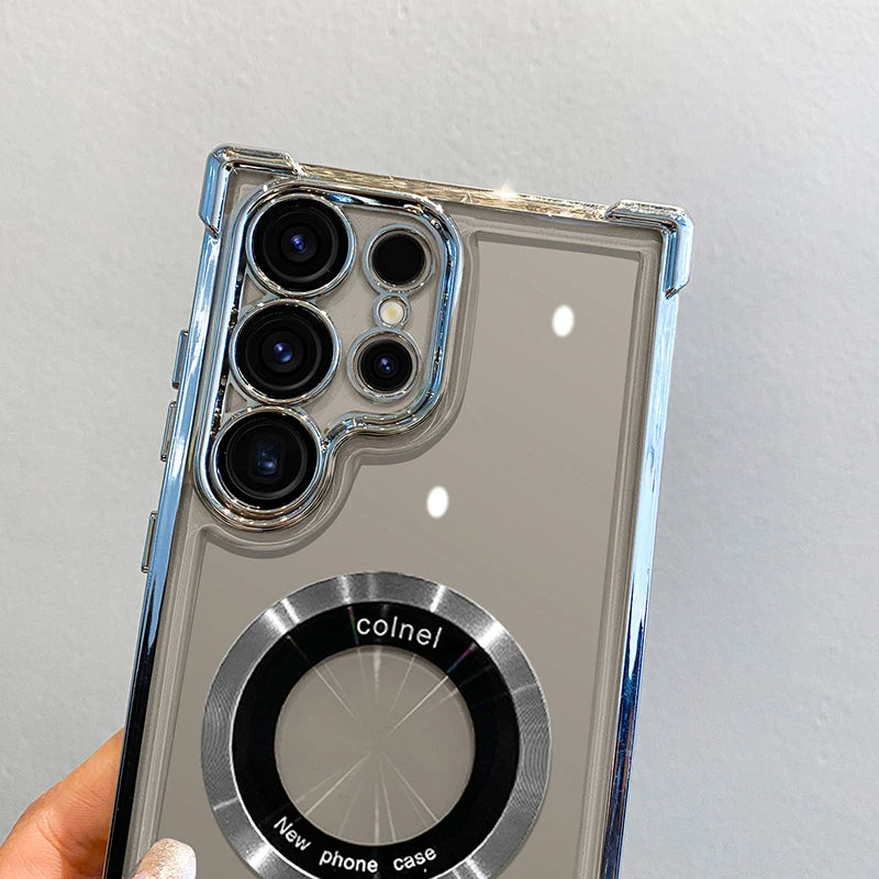 Funda de carga inalámbrica magnética con acabado de lujo para Samsung S26, S25, S24 Ultra, S23 FE, S22 Plus y Note 20. Funda protectora transparente para la cámara.