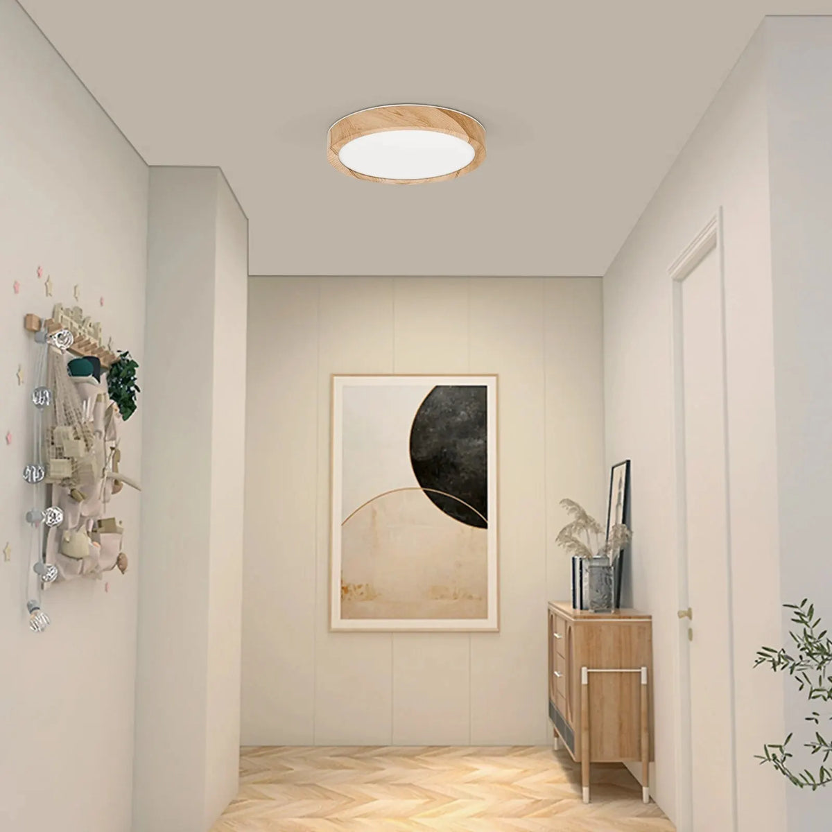 Lámpara de techo LED LVL con acabado de madera y blanco, 3 colores de iluminación en 1. Iluminación para el hogar: cocina, dormitorio y baño. Lámpara de techo redonda empotrada.
