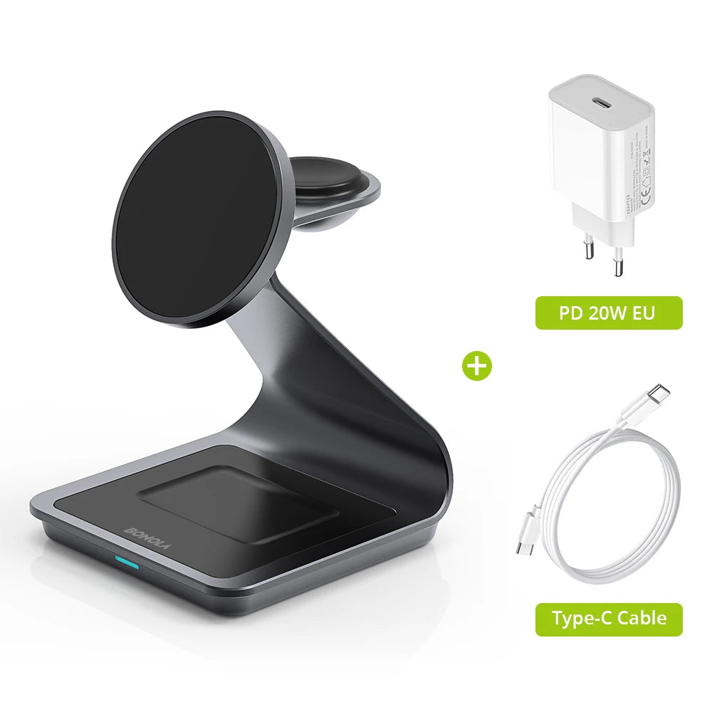 Bonola: Cargador inalámbrico magnético 3 en 1 para iPhone 17/16/15/13/14/12. Estación de carga inalámbrica de 30 W para Apple Watch y AirPods Pro