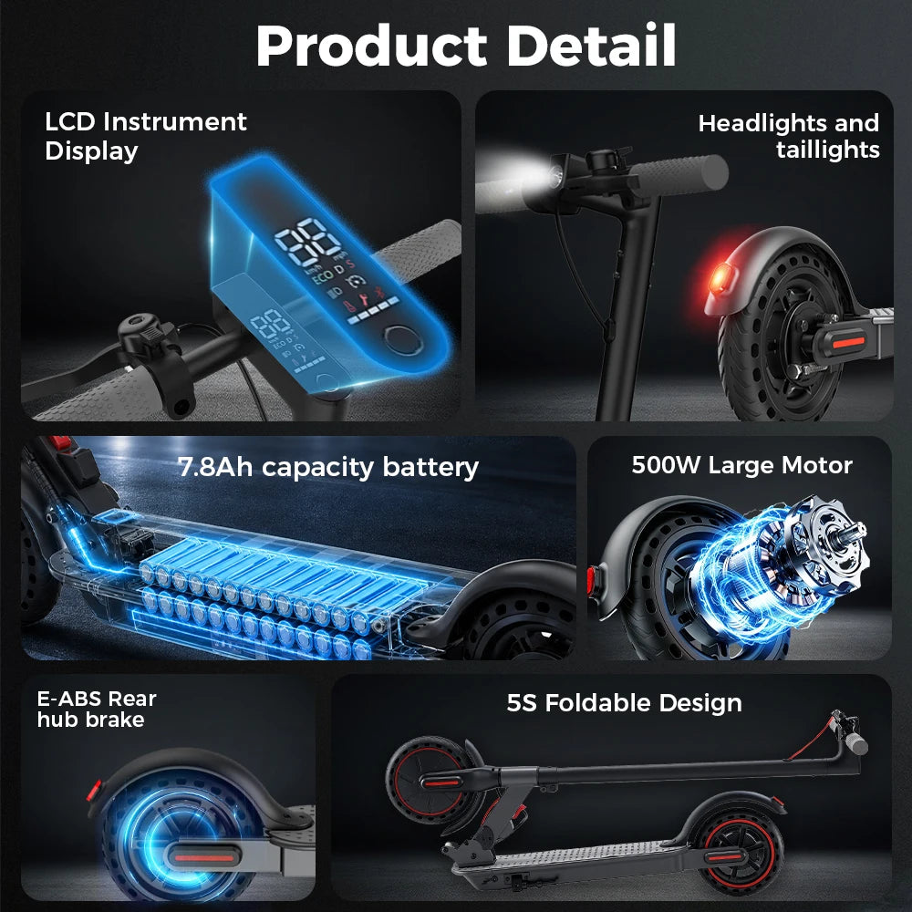 iScooter W3C de 8,5 pulgadas, con batería de 36 V y una autonomía de 22–30 km, tracción trasera, neumáticos de aire y freno eléctrico trasero integrado en el buje.
