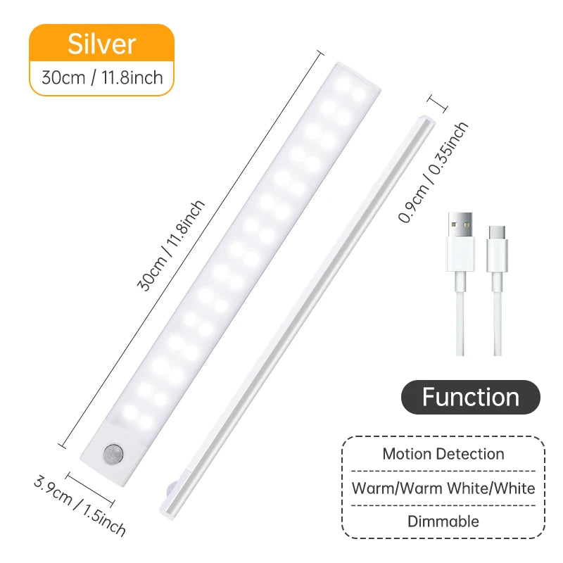 Luz con sensor de movimiento, luz nocturna LED inalámbrica, lámpara nocturna recargable por USB, lámpara para armarios y vestidores, luz de fondo para cocina, LED