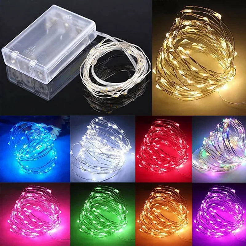 1 paquete de guirnalda de luces LED con hilo de cobre, de 1/2/3/5/10 m, alimentada por pilas, para decorar dormitorios, jardines, fiestas y bodas