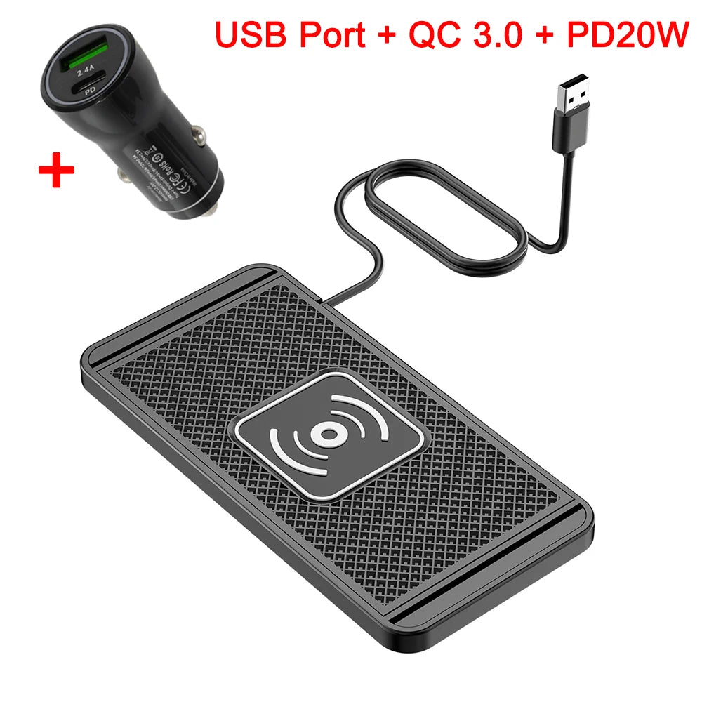 Cargador inalámbrico para coche para iPhone 16, 15, 15 Pro Max, 14, 13, 12 y X; Samsung S24 y S23. Cargador inalámbrico para coche con base de silicona y soporte. Cargador rápido