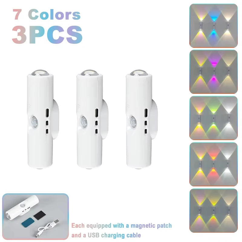 Aplique inteligente RGB de doble cabezal con sensor de movimiento, luz nocturna magnética y foco recargable para la decoración del dormitorio, el armario, el jardín y otras estancias