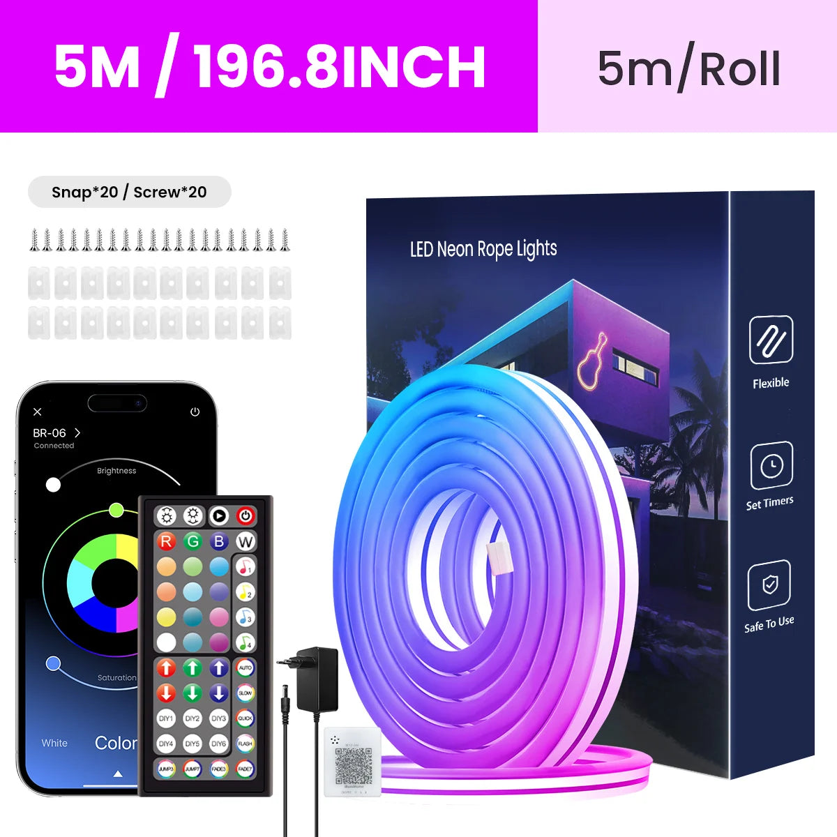 Luces de neón en forma de cuerda, luces LED flexibles en forma de cuerda con control mediante aplicación o mando a distancia, luces en forma de cuerda con múltiples modos, luces LED RGB de neón para exteriores con protección IP65 Wa