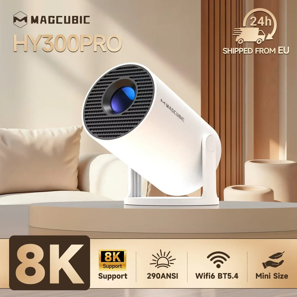 Magcubic HY300pro: con Android 14, Wi-Fi 6, 290 ANSI, 1280 × 720p, 8K, 180°, cable flexible.