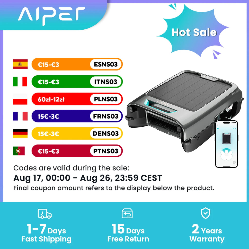 EcoSurfer S2 Robot Skimmer Solar de Piscina, Limpieza de Superficie 24/7, Filtro de 150 µm, Robot de Piscina con Batería y Control por App, Actualizaciones OTA, Detección Inteligente de Obstáculos, Aiper Caja Abierta