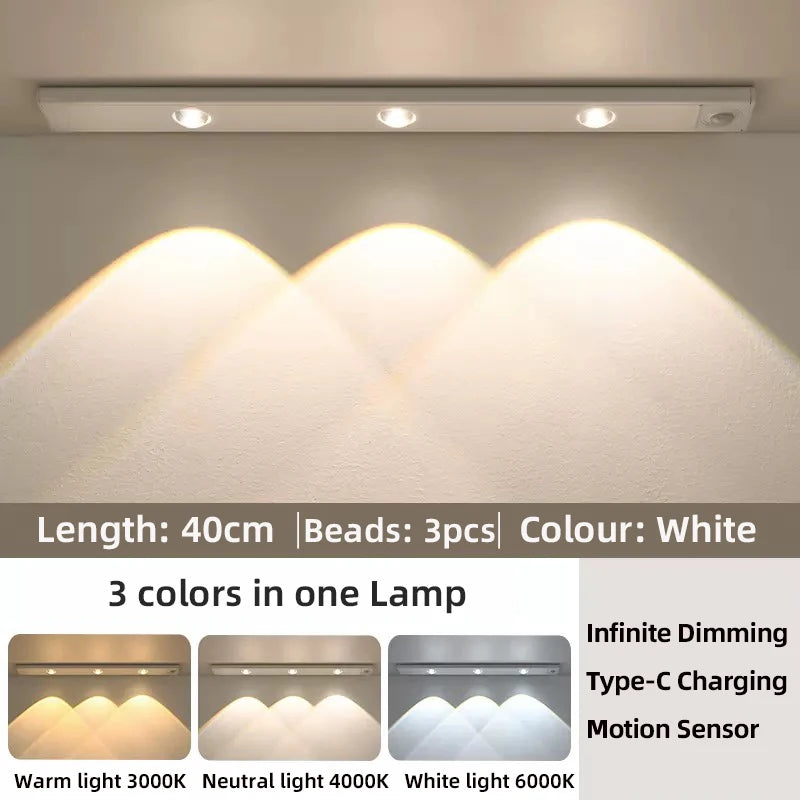 Luz LED para armarios, blanca/negra, recargable por USB, con sensor de movimiento, para la iluminación de armarios de cocina y roperos, 20 cm/30 cm/40 cm/50 cm