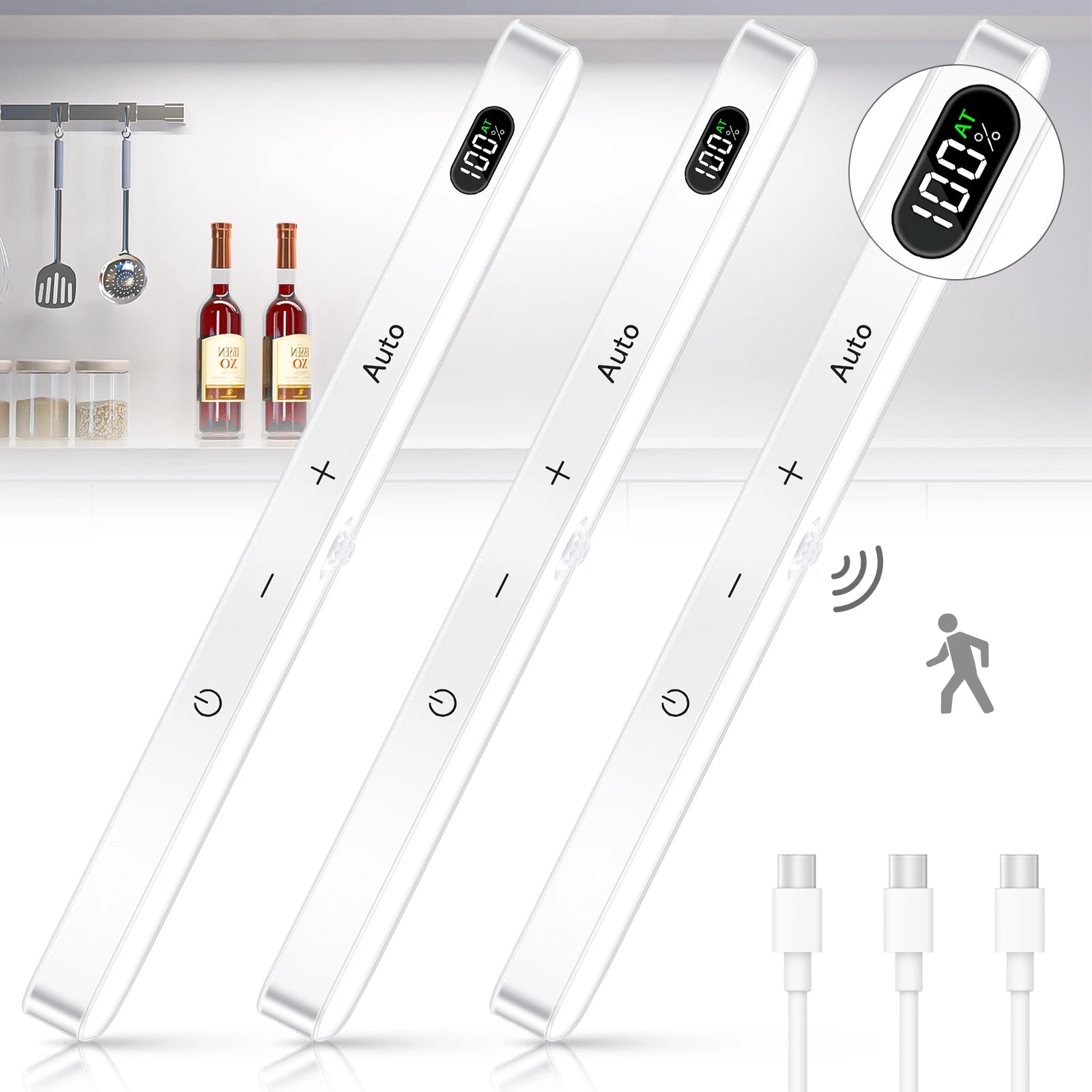 WILLED  Luz para armario con sensor de movimiento, pantalla de batería, barra luminosa táctil de 60 LED, luz nocturna inalámbrica recargable