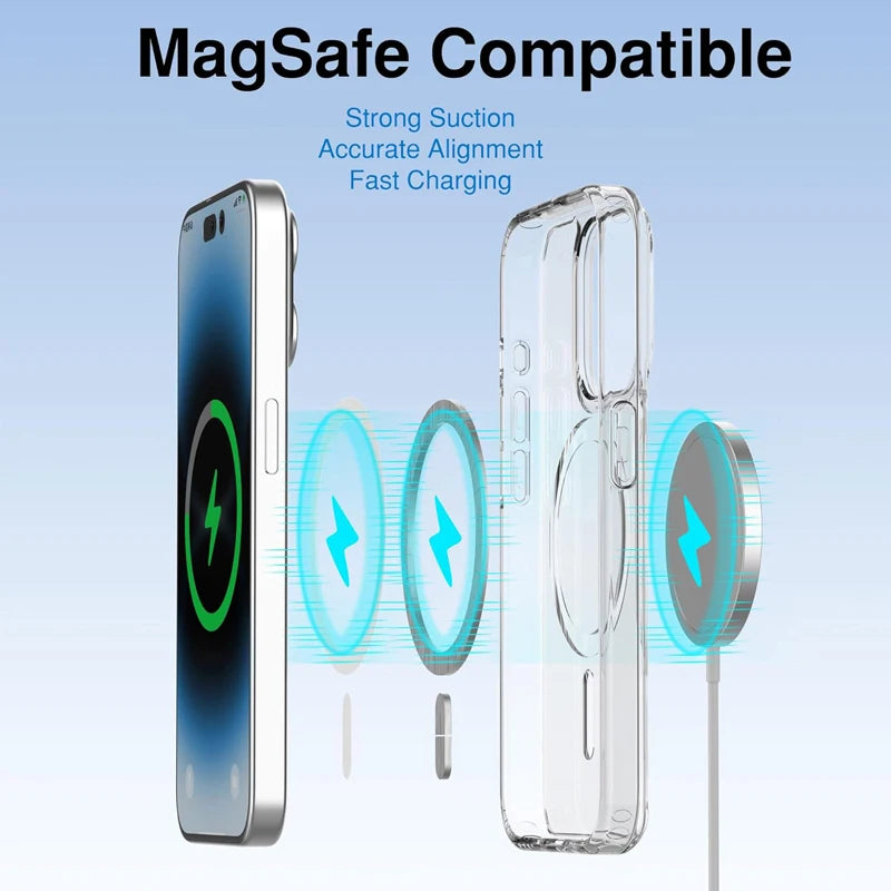 Funda transparente magnética para iPhone 16, 17, 15, 14, 13, 12, 11, Pro Max, 16 Plus, 17, Air y 16e de Apple. Compatible con la carga inalámbrica MagSafe.