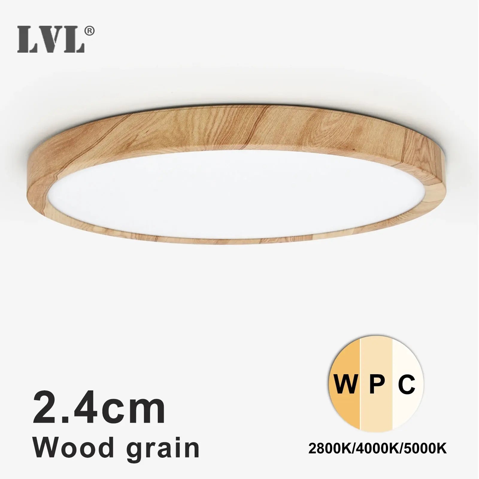 Lámpara de techo LED LVL con acabado de madera y blanco, 3 colores de iluminación en 1. Iluminación para el hogar: cocina, dormitorio y baño. Lámpara de techo redonda empotrada.