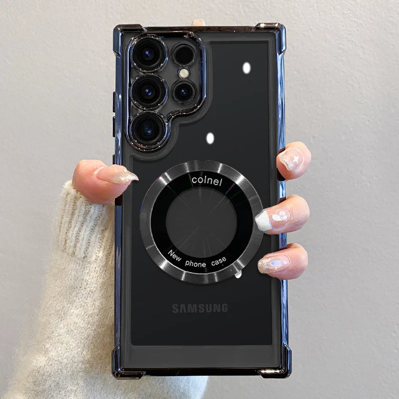 Funda de carga inalámbrica magnética con acabado de lujo para Samsung S26, S25, S24 Ultra, S23 FE, S22 Plus y Note 20. Funda protectora transparente para la cámara.