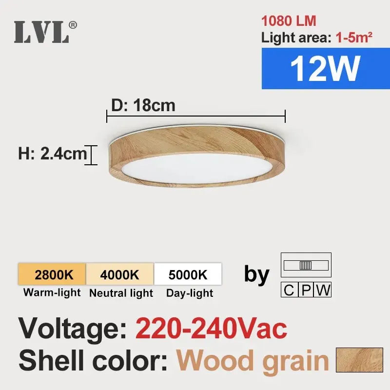 Lámpara de techo LED LVL con acabado de madera y blanco, 3 colores de iluminación en 1. Iluminación para el hogar: cocina, dormitorio y baño. Lámpara de techo redonda empotrada.