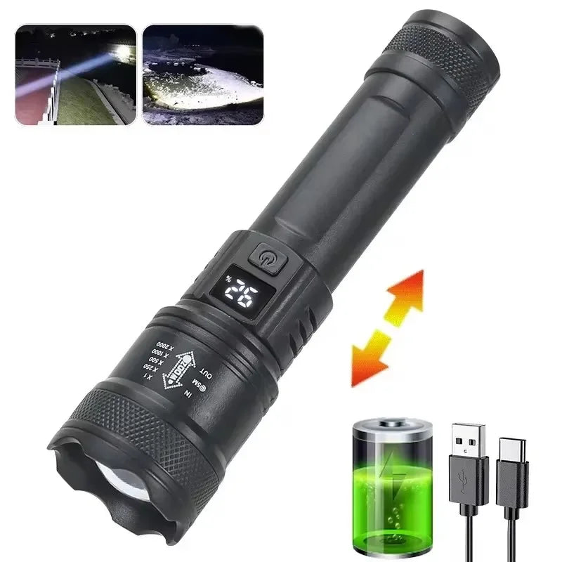 linterna táctica de 300 000 lm con pantalla, carga USB y con función de zoom