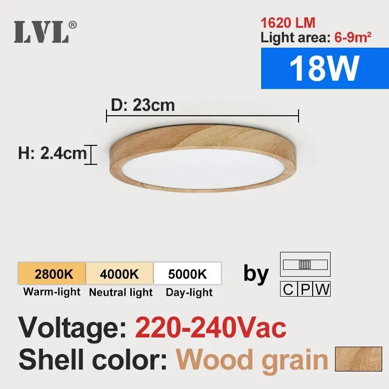 Lámpara de techo LED LVL con acabado de madera y blanco, 3 colores de iluminación en 1. Iluminación para el hogar: cocina, dormitorio y baño. Lámpara de techo redonda empotrada.